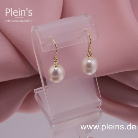 Perlen Ohrhänger, Gelbgold, große, weiße Perlen